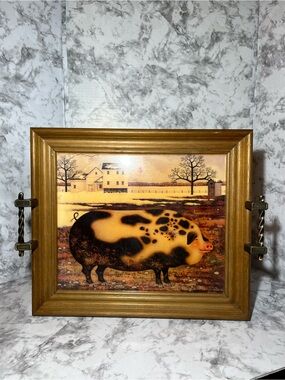 Vintage Pig Farm Framed Art made into Tray- Black and Gold Pig Illustration